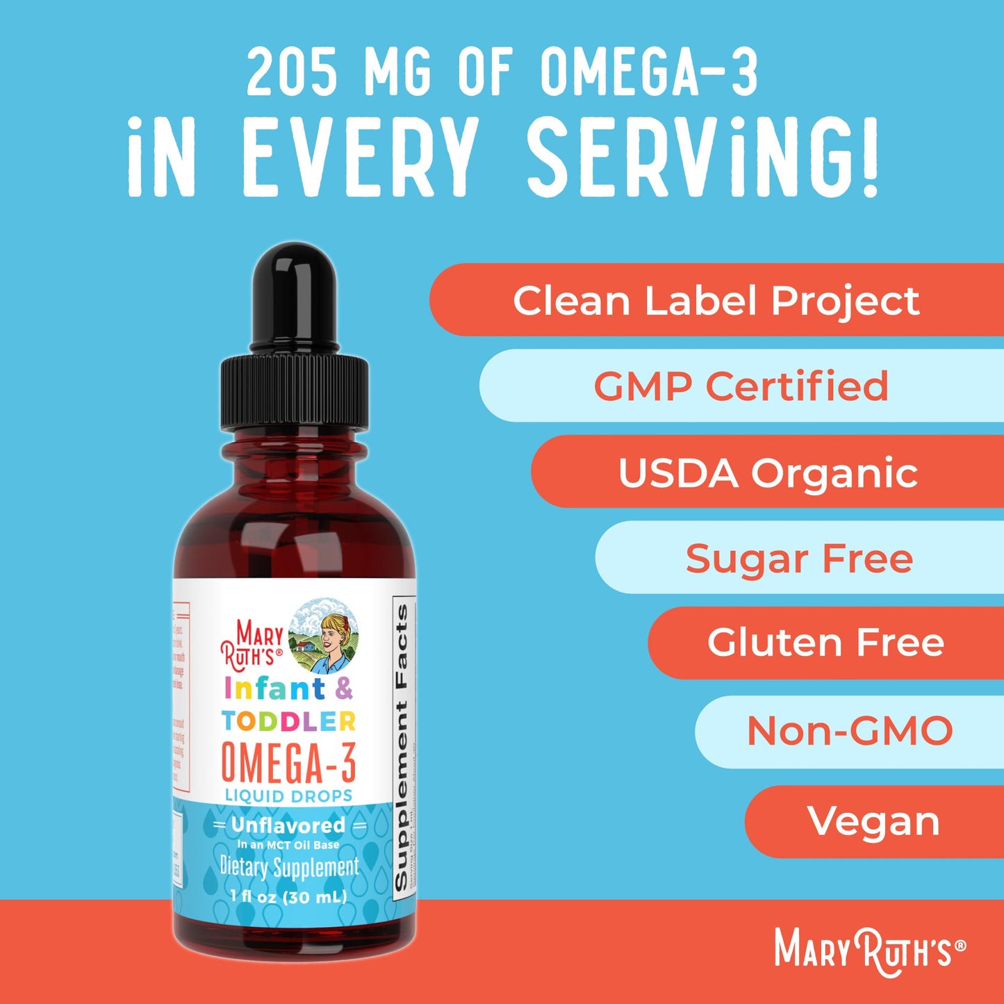 MaryRuth Organics Infant & Toddler Omega-3 Liquid Drops – 200mg DHA / 2mg EPA per Serving | Unflavored | 1 fl oz