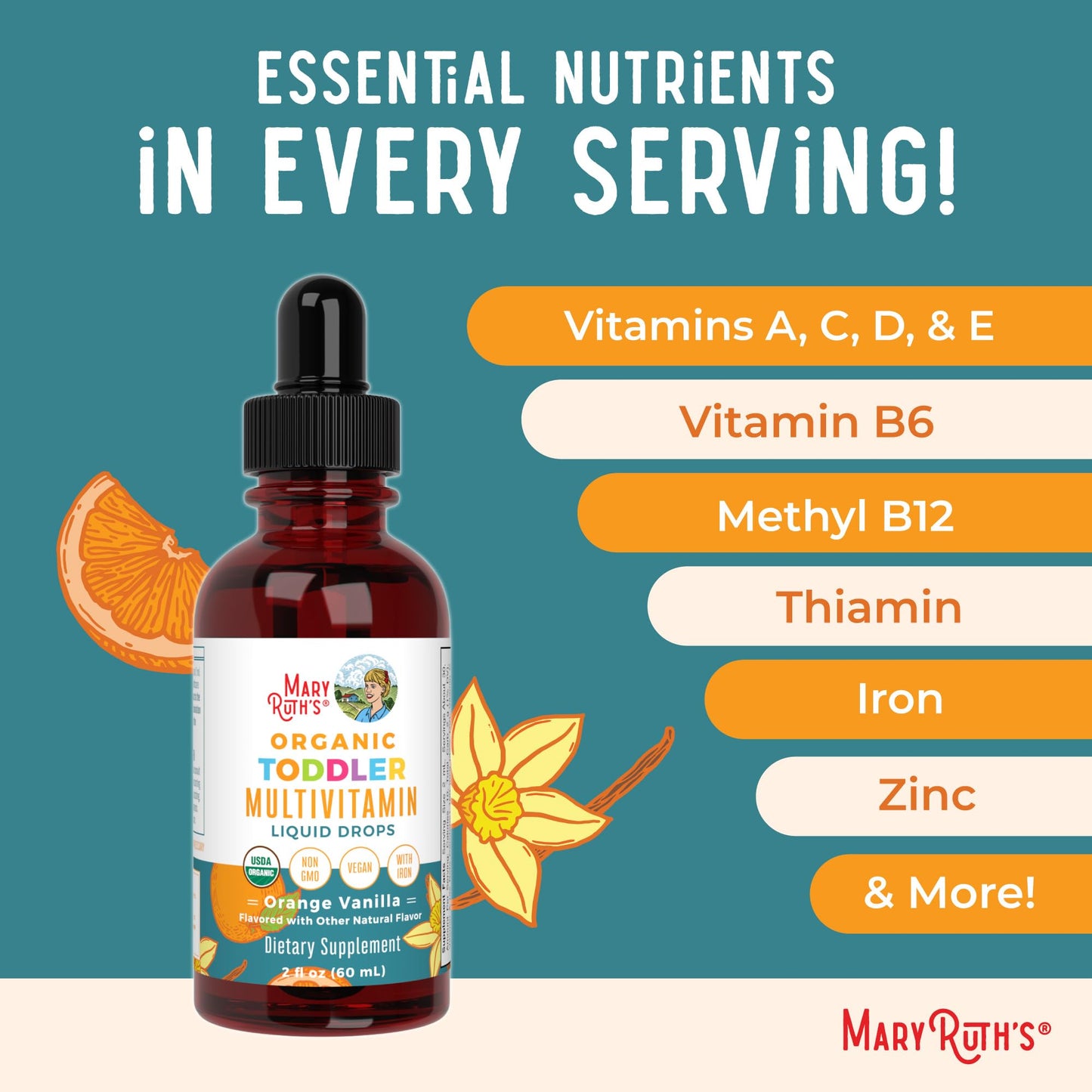 MaryRuth Organics Toddler Multivitamin Drops with Iron | USDA Organic | 2 oz