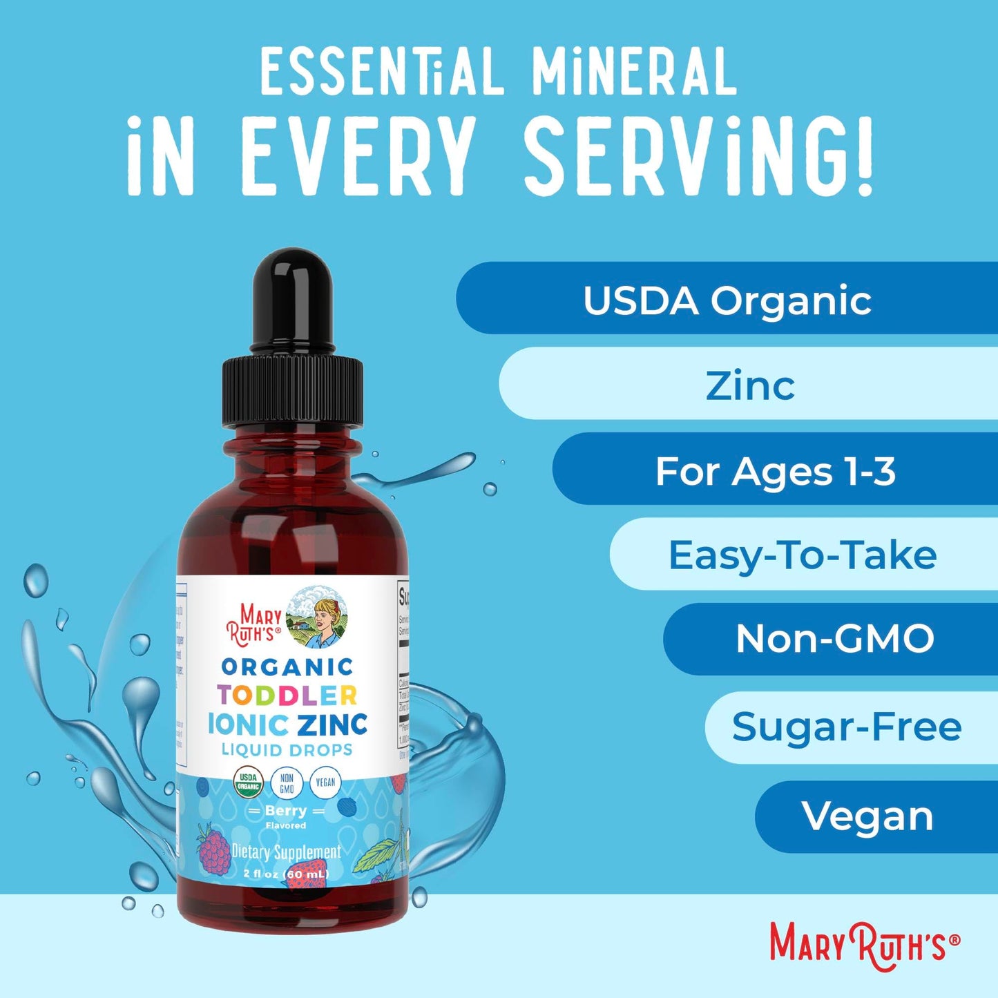 MaryRuth Organics Toddler Liquid Zinc Drops – USDA Organic, Immune Support, Berry Flavor, 1–3 Years, 2 fl oz
