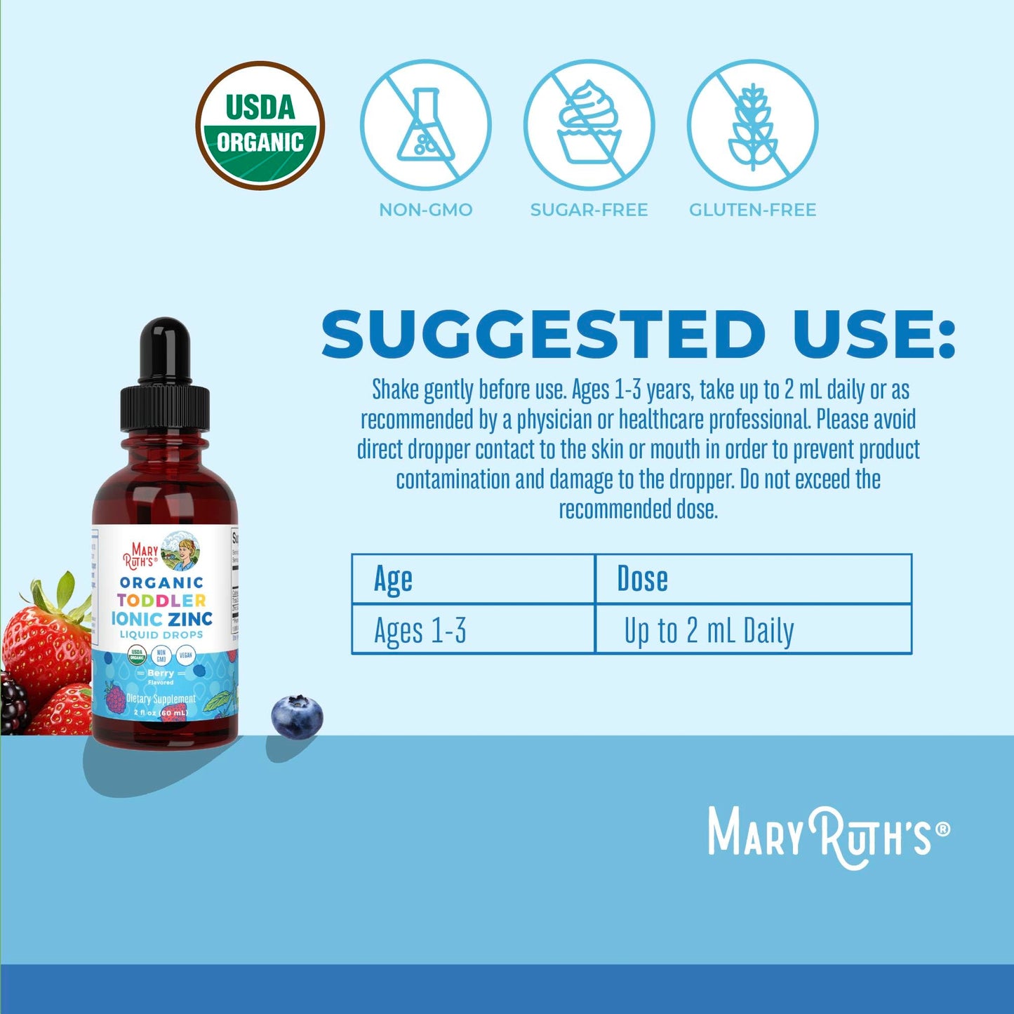 MaryRuth Organics Toddler Liquid Zinc Drops – USDA Organic, Immune Support, Berry Flavor, 1–3 Years, 2 fl oz