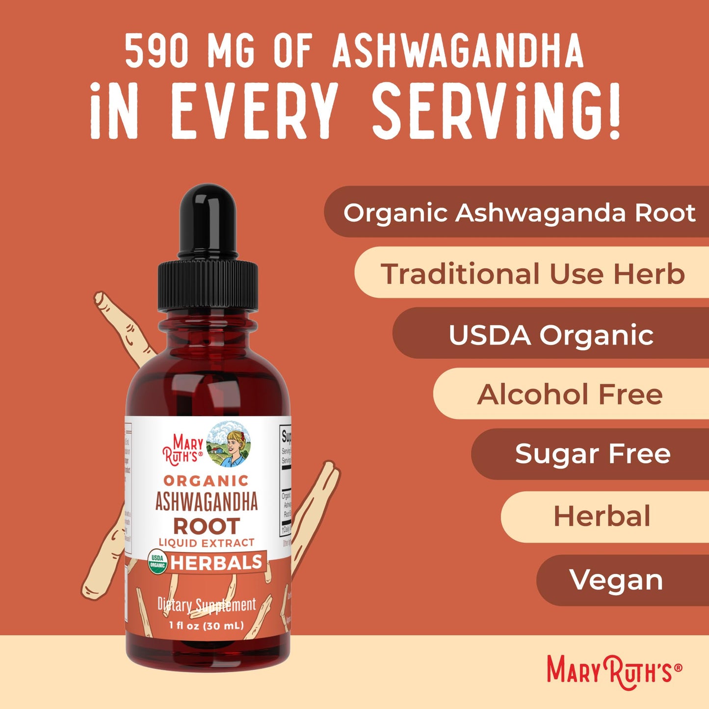 MaryRuth Organics Ashwagandha Root | USDA Organic Ashwagandha Liquid Drops | Stress Relief, Natural Calm, Relaxation and Mood Support Supplement | Adaptogenic | Nervine | Vegan | Non-GMO | 60 Servings