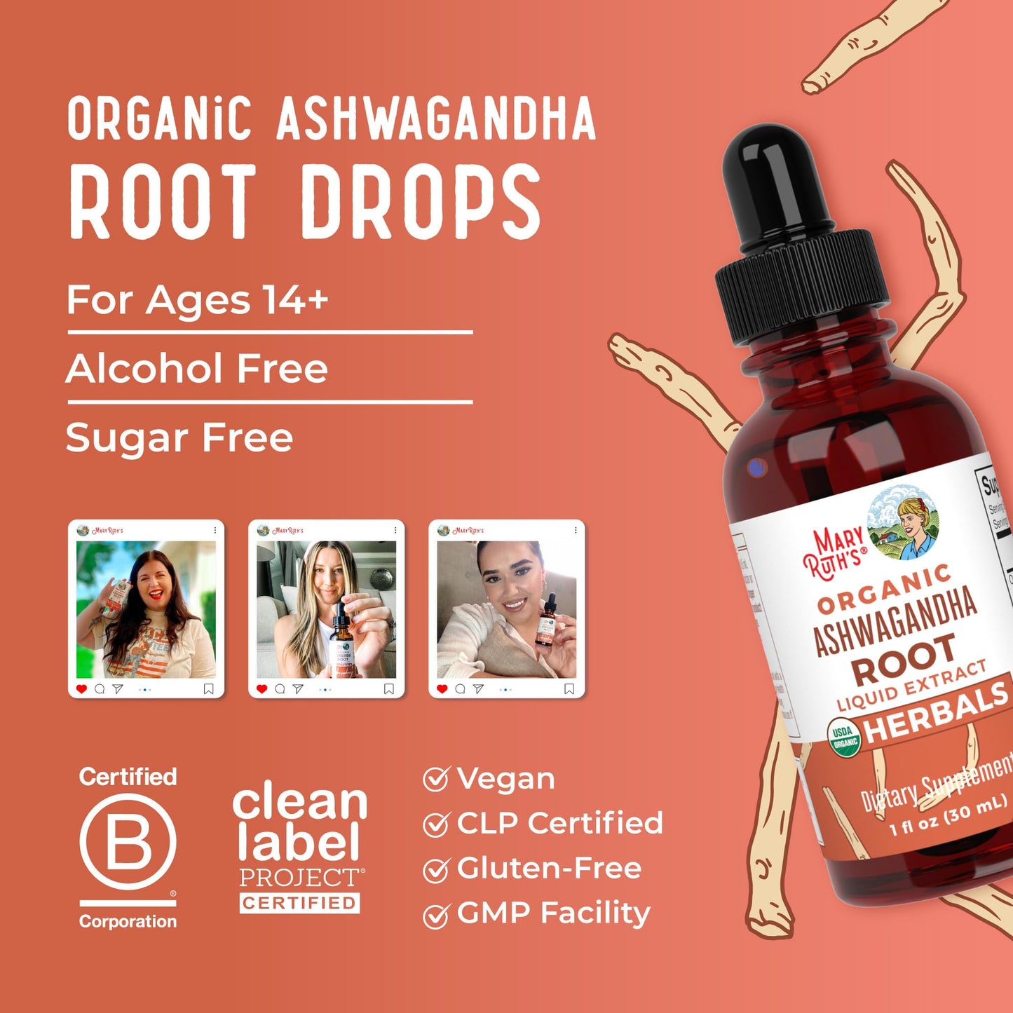 MaryRuth Organics Ashwagandha Root | USDA Organic Ashwagandha Liquid Drops | Stress Relief, Natural Calm, Relaxation and Mood Support Supplement | Adaptogenic | Nervine | Vegan | Non-GMO | 60 Servings