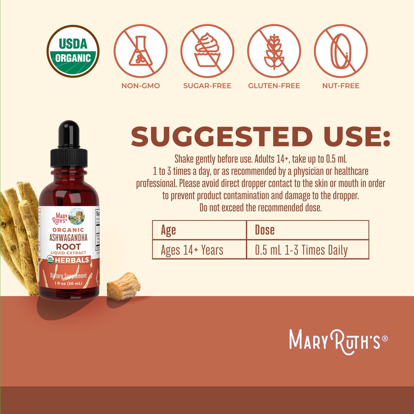 MaryRuth Organics Ashwagandha Root | USDA Organic Ashwagandha Liquid Drops | Stress Relief, Natural Calm, Relaxation and Mood Support Supplement | Adaptogenic | Nervine | Vegan | Non-GMO | 60 Servings