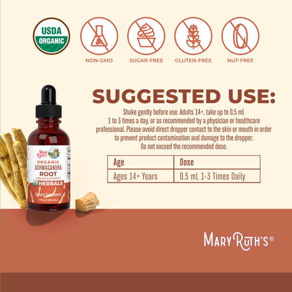 MaryRuth Organics Ashwagandha Root | USDA Organic Ashwagandha Liquid Drops | Stress Relief, Natural Calm, Relaxation and Mood Support Supplement | Adaptogenic | Nervine | Vegan | Non-GMO | 60 Servings