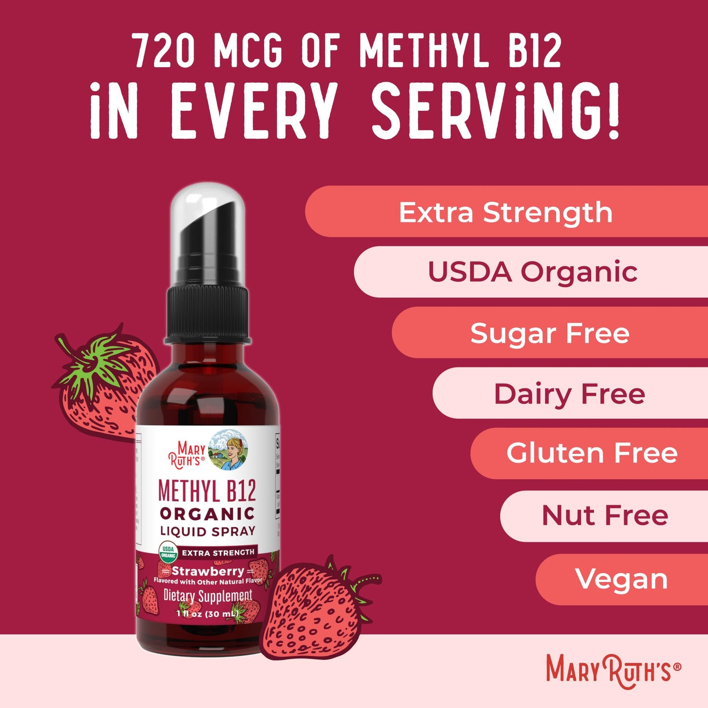 MaryRuth Organics Vitamin B12 Liquid Spray | Vegan, USDA Organic, 720 mcg | 1 fl oz