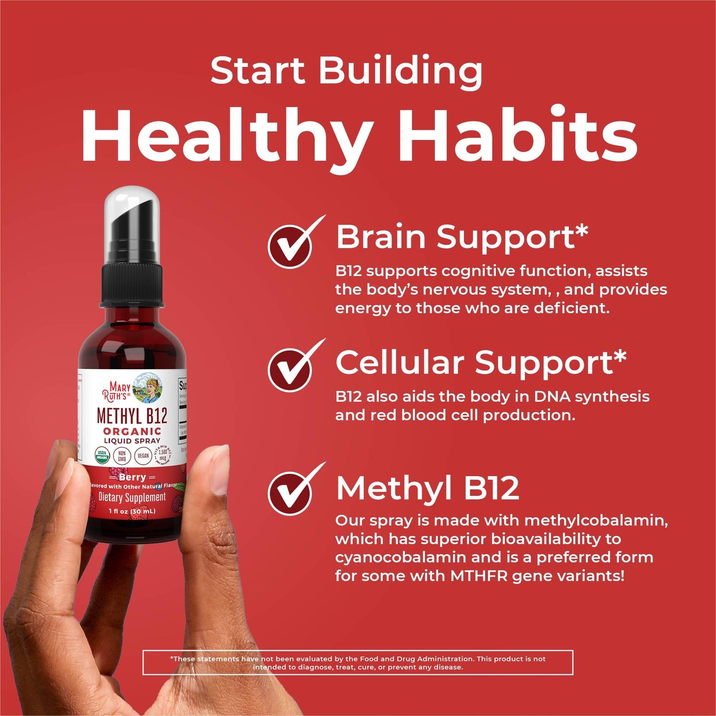 MaryRuth Organics Vitamin B12 Liquid Spray | Vegan, Non-GMO, Gluten-Free | USDA Organic Supplement | Energy & Nervous System Support | B12 Vitamins for Women & Men | 1,500 mcg | 1 Fl Oz