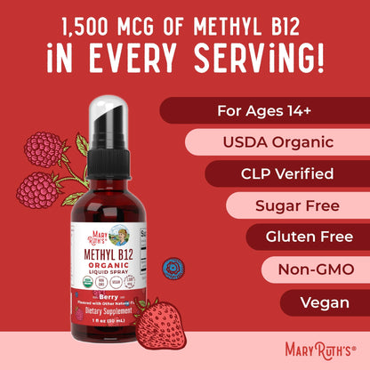 MaryRuth Organics Vitamin B12 Liquid Spray | Vegan, Non-GMO, Gluten-Free | USDA Organic Supplement | Energy & Nervous System Support | B12 Vitamins for Women & Men | 1,500 mcg | 1 Fl Oz