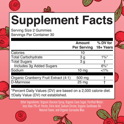 MaryRuth Organics Organic Cranberry Gummies - 500mg Cranberry + D-Mannose for Urinary Health | USDA Organic | Vegan | 30 Servings