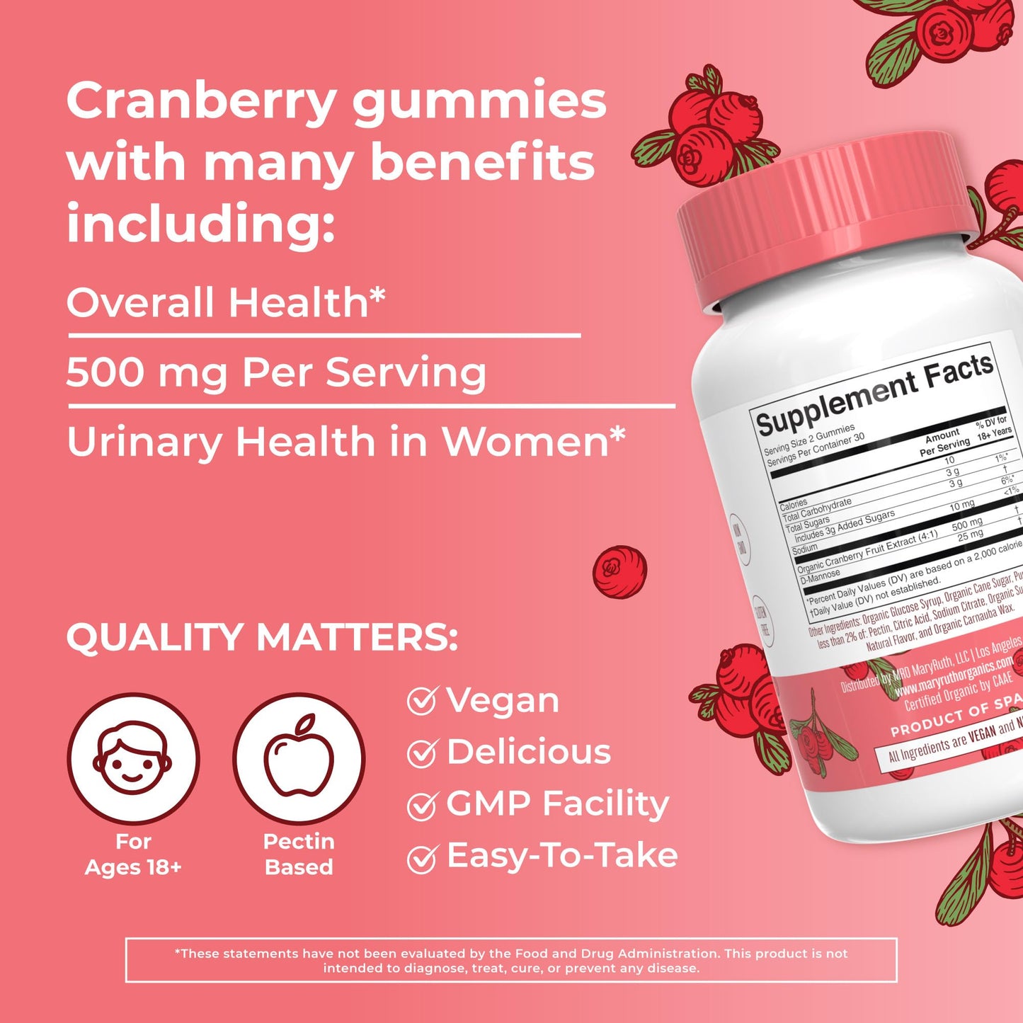 MaryRuth Organics Organic Cranberry Gummies - 500mg Cranberry + D-Mannose for Urinary Health | USDA Organic | Vegan | 30 Servings