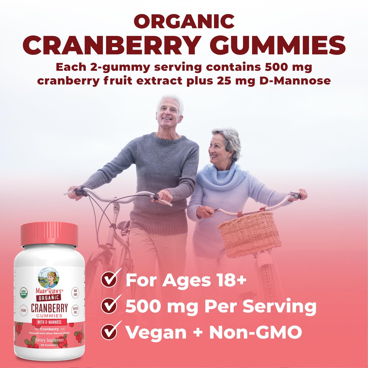 MaryRuth Organics Organic Cranberry Gummies - 500mg Cranberry + D-Mannose for Urinary Health | USDA Organic | Vegan | 30 Servings