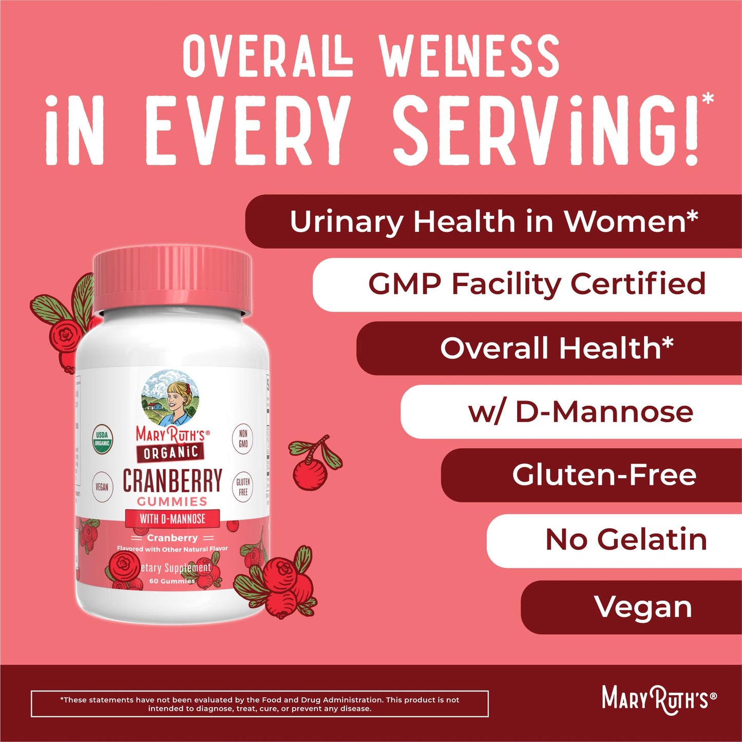 MaryRuth Organics Organic Cranberry Gummies - 500mg Cranberry + D-Mannose for Urinary Health | USDA Organic | Vegan | 30 Servings