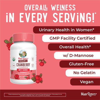 MaryRuth Organics Organic Cranberry Gummies - 500mg Cranberry + D-Mannose for Urinary Health | USDA Organic | Vegan | 30 Servings
