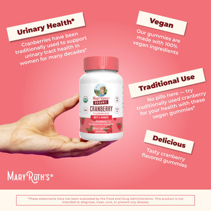 MaryRuth Organics Organic Cranberry Gummies - 500mg Cranberry + D-Mannose for Urinary Health | USDA Organic | Vegan | 30 Servings