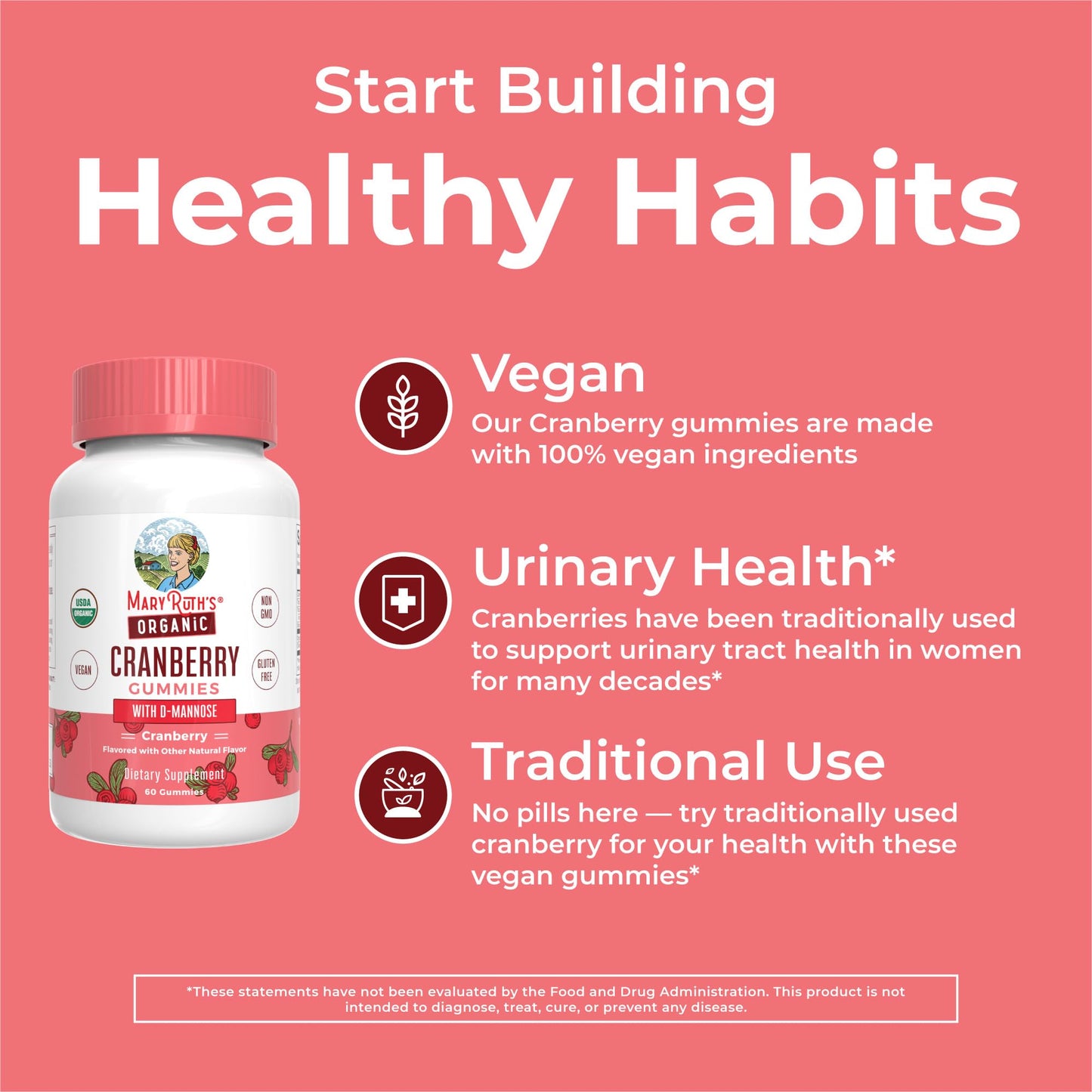 MaryRuth Organics Organic Cranberry Gummies - 500mg Cranberry + D-Mannose for Urinary Health | USDA Organic | Vegan | 30 Servings