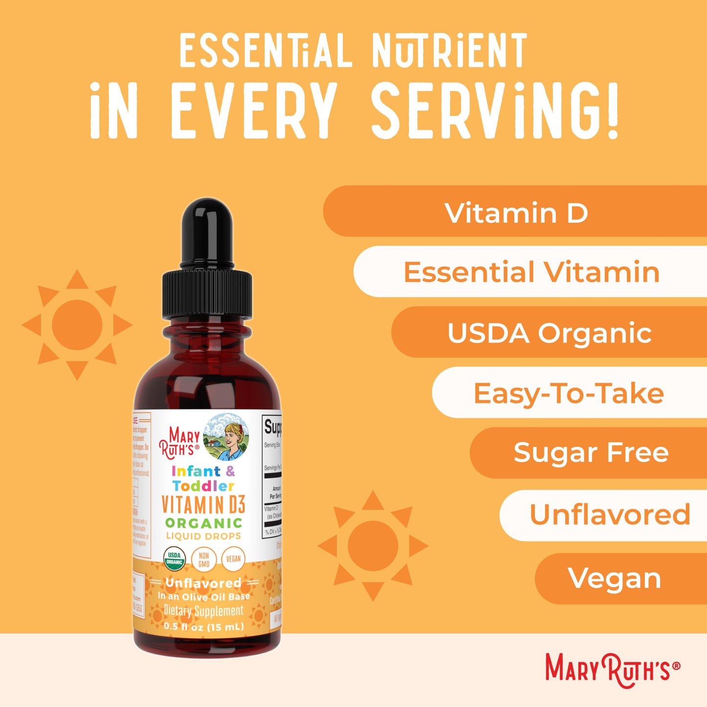 MaryRuth Organics USDA Organic Vitamin D Drops D3 for Infants & Toddlers | Sugar Free, Gluten Free, Non-GMO