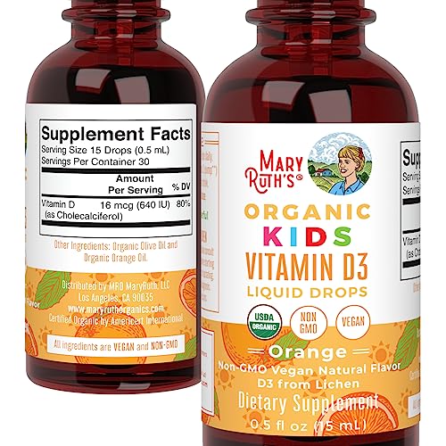 MaryRuth Organics USDA Organic Vitamin D3 Liquid Drops for Kids – 640 IU per Serving | Immune Support & Bone Health | Ages 4–13 | 0.5 oz, 30 Servings
