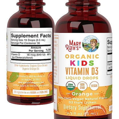 MaryRuth Organics USDA Organic Vitamin D3 Liquid Drops for Kids – 640 IU per Serving | Immune Support & Bone Health | Ages 4–13 | 0.5 oz, 30 Servings