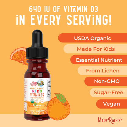 MaryRuth Organics USDA Organic Vitamin D3 Liquid Drops for Kids – 640 IU per Serving | Immune Support & Bone Health | Ages 4–13 | 0.5 oz, 30 Servings