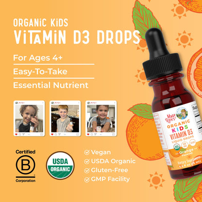MaryRuth Organics USDA Organic Vitamin D3 Liquid Drops for Kids – 640 IU per Serving | Immune Support & Bone Health | Ages 4–13 | 0.5 oz, 30 Servings