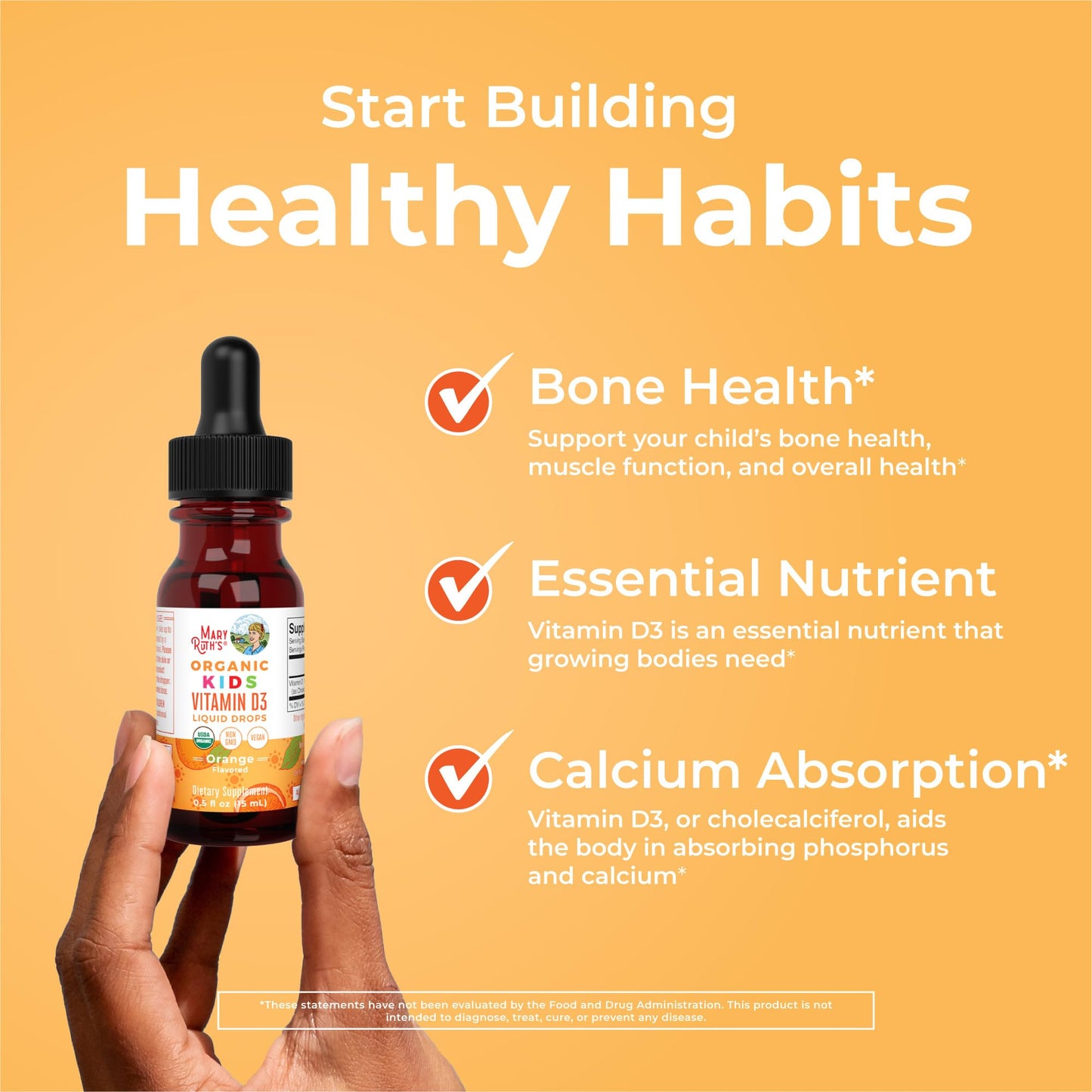 MaryRuth Organics USDA Organic Vitamin D3 Liquid Drops for Kids – 640 IU per Serving | Immune Support & Bone Health | Ages 4–13 | 0.5 oz, 30 Servings