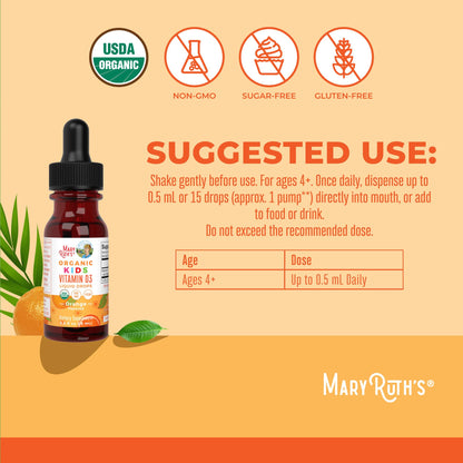 MaryRuth Organics USDA Organic Vitamin D3 Liquid Drops for Kids – 640 IU per Serving | Immune Support & Bone Health | Ages 4–13 | 0.5 oz, 30 Servings