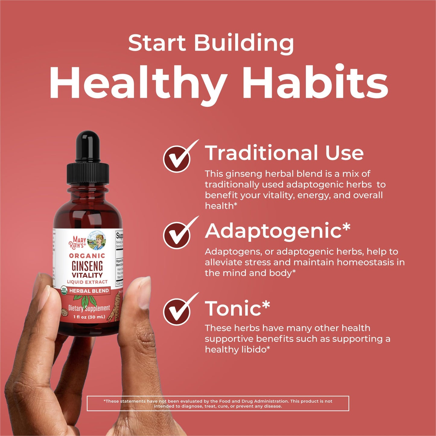 MaryRuth Organics Herbal Brain Function Supplement | Ginseng with Ashwagandha | USDA | 1 Fl Oz