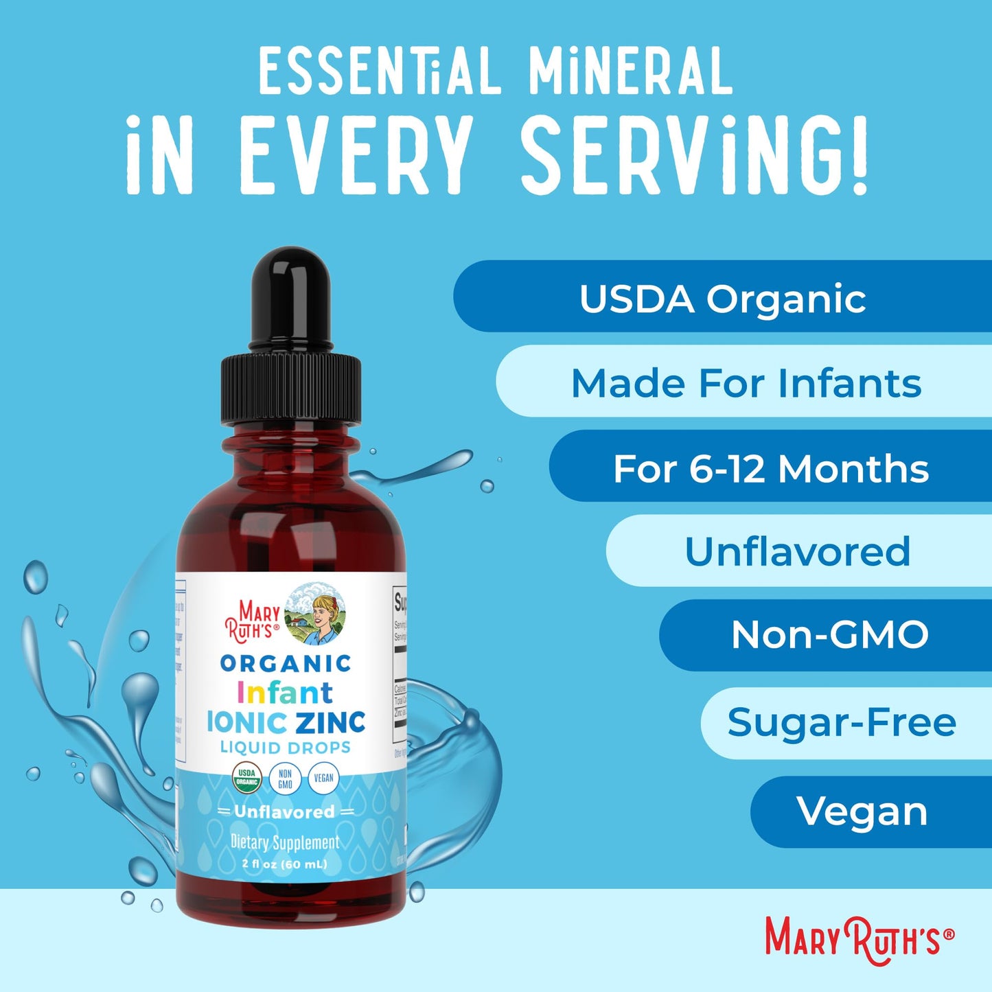 MaryRuth Organics Infant Ionic Zinc Drops – Zinc Sulfate for Immune Support | 6-12 Months | 2 fl oz