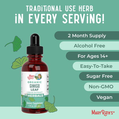 MaryRuth Organics Ginkgo Leaf Liquid Drops | Organic Nootropic Supplement | 60 Servings