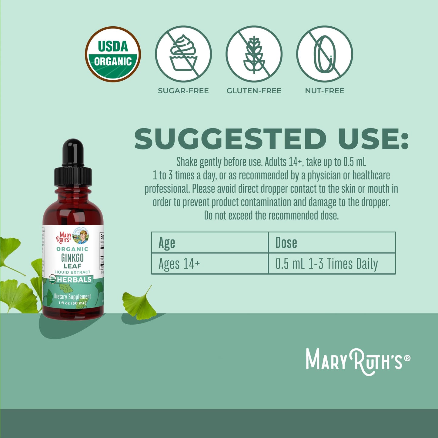MaryRuth Organics Ginkgo Leaf Liquid Drops | Organic Nootropic Supplement | 60 Servings
