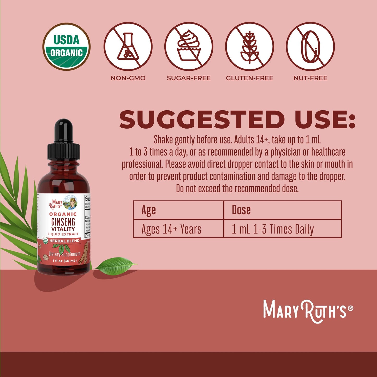 MaryRuth Organics Herbal Brain Function Supplement | Ginseng with Ashwagandha | USDA | 1 Fl Oz