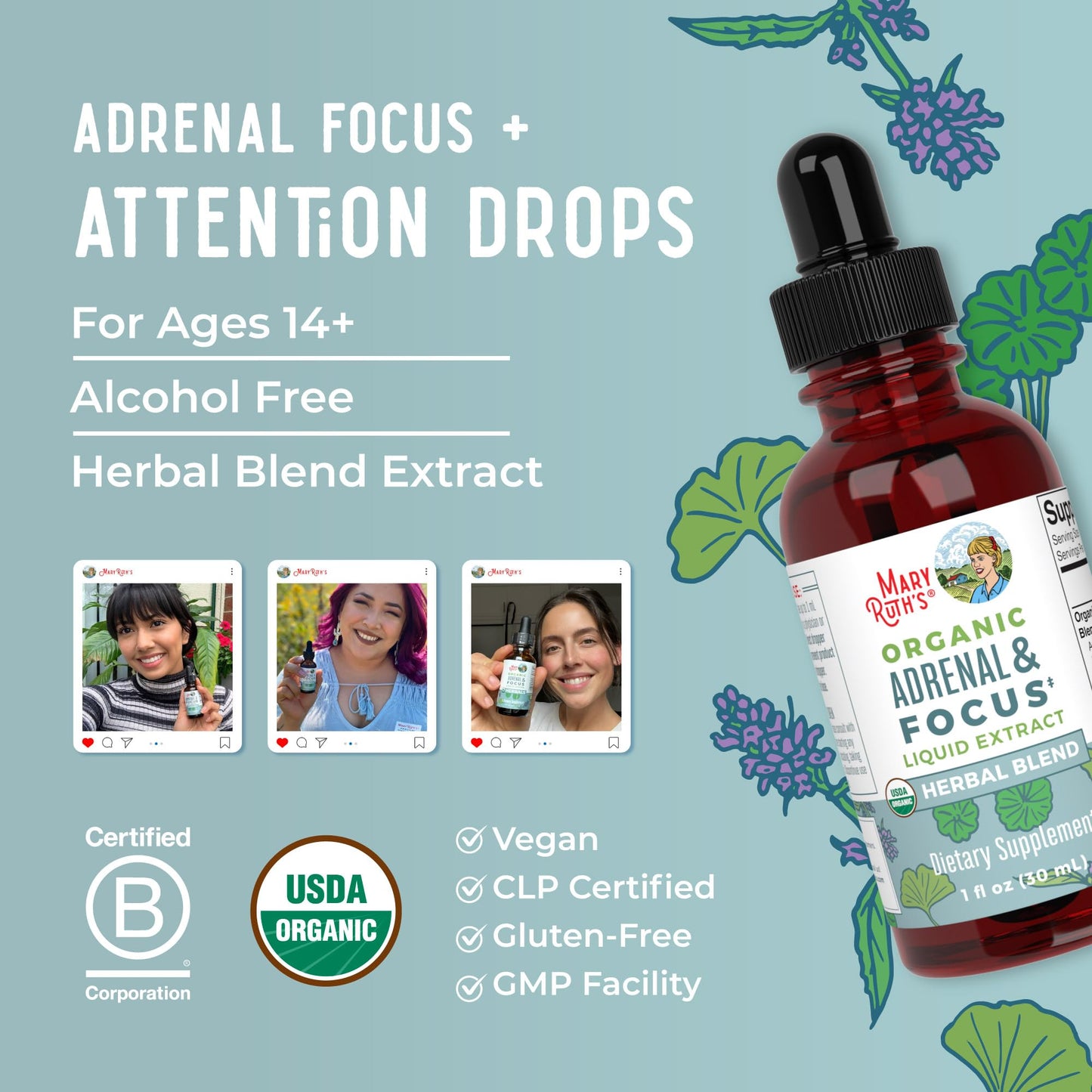 MaryRuth Organics USDA Organic Brain Nootropic Drops – Ginkgo Biloba & Astragalus | Focus & Adrenal Support | 30 Servings