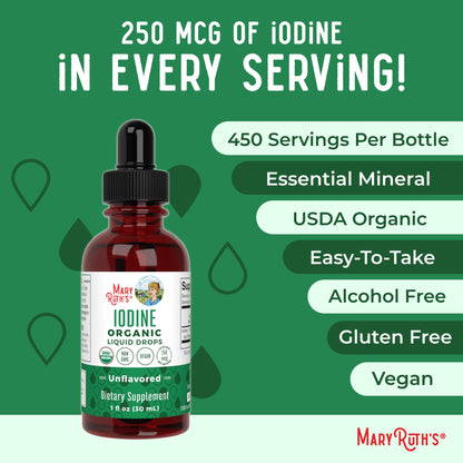 MaryRuth Organics Iodine Liquid Drops | Potassium Iodide, 1oz, 450 Servings, 1-Year Supply | Thyroid Health, USDA Organic, Vegan, Non-GMO, Gluten Free