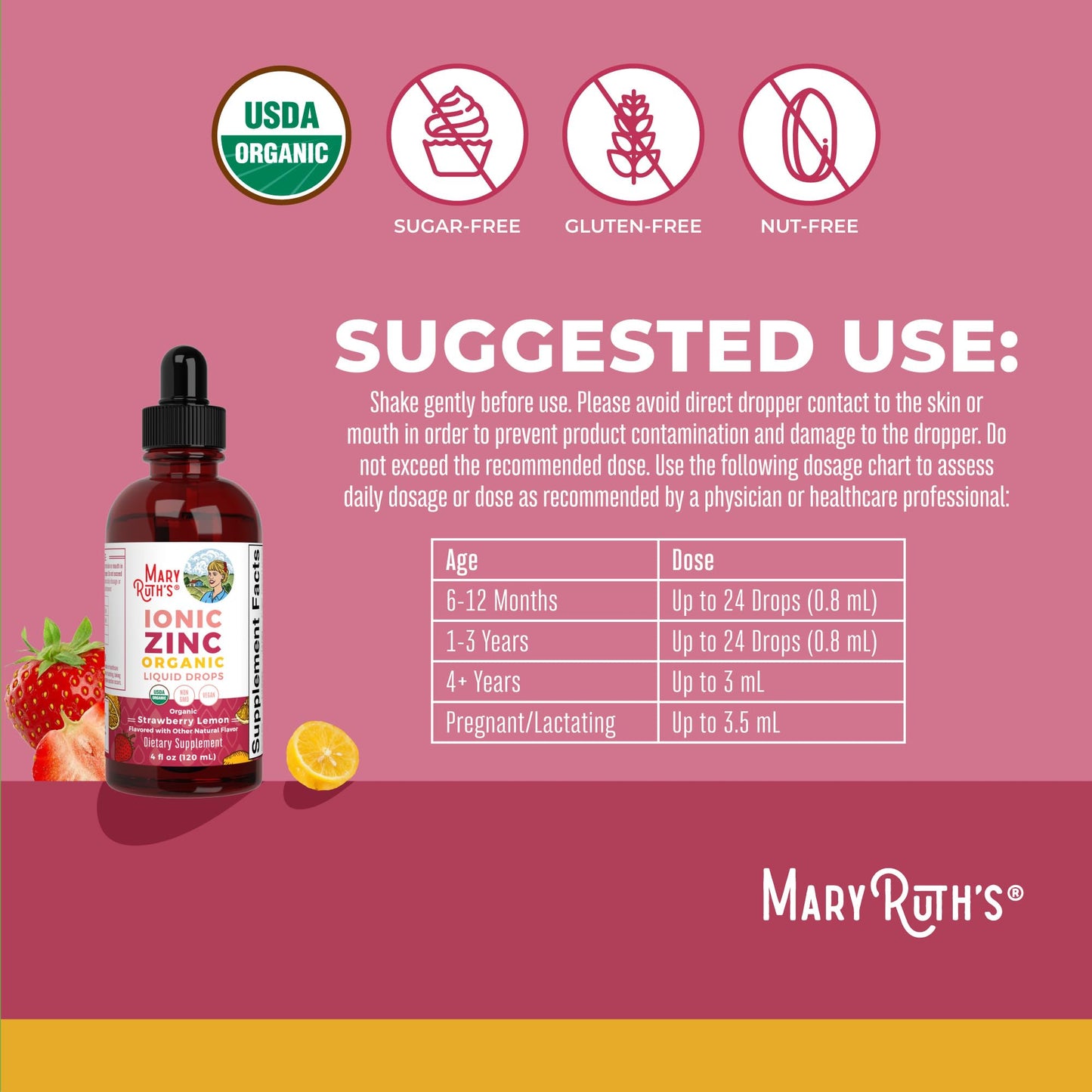 MaryRuth Organics Organic Strawberry Lemon Ionic Zinc, 4 oz | Vegan Liquid Zinc