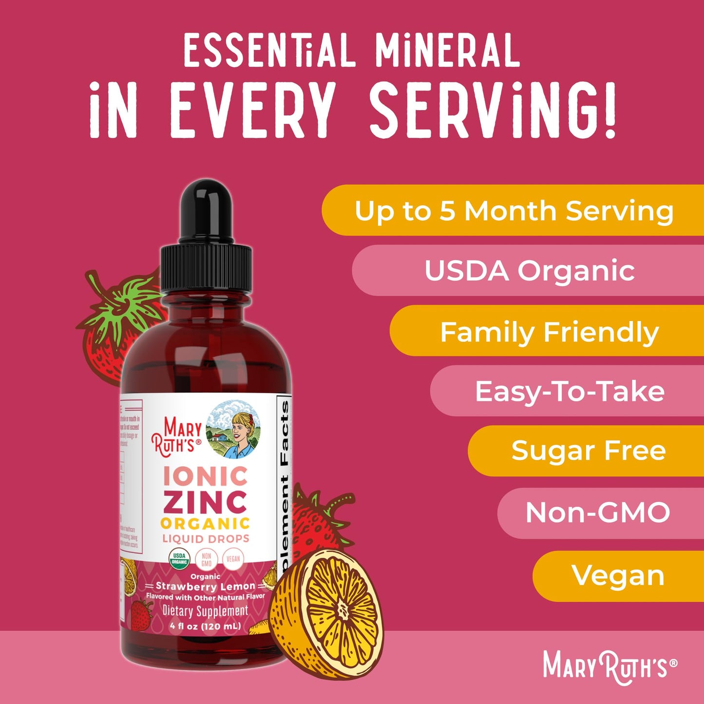 MaryRuth Organics Organic Strawberry Lemon Ionic Zinc, 4 oz | Vegan Liquid Zinc