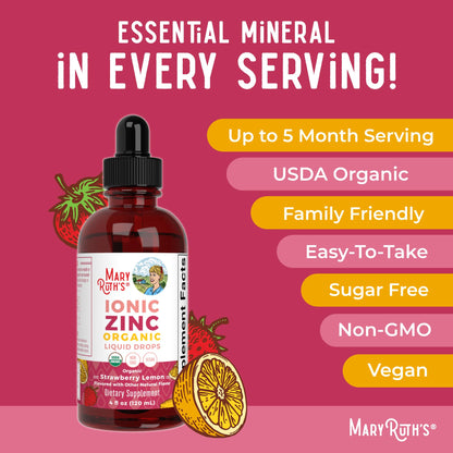 MaryRuth Organics Organic Strawberry Lemon Ionic Zinc, 4 oz | Vegan Liquid Zinc