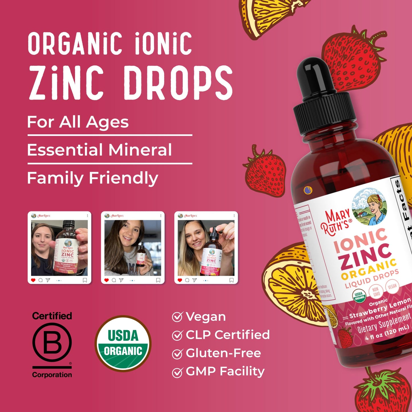MaryRuth Organics Organic Strawberry Lemon Ionic Zinc, 4 oz | Vegan Liquid Zinc