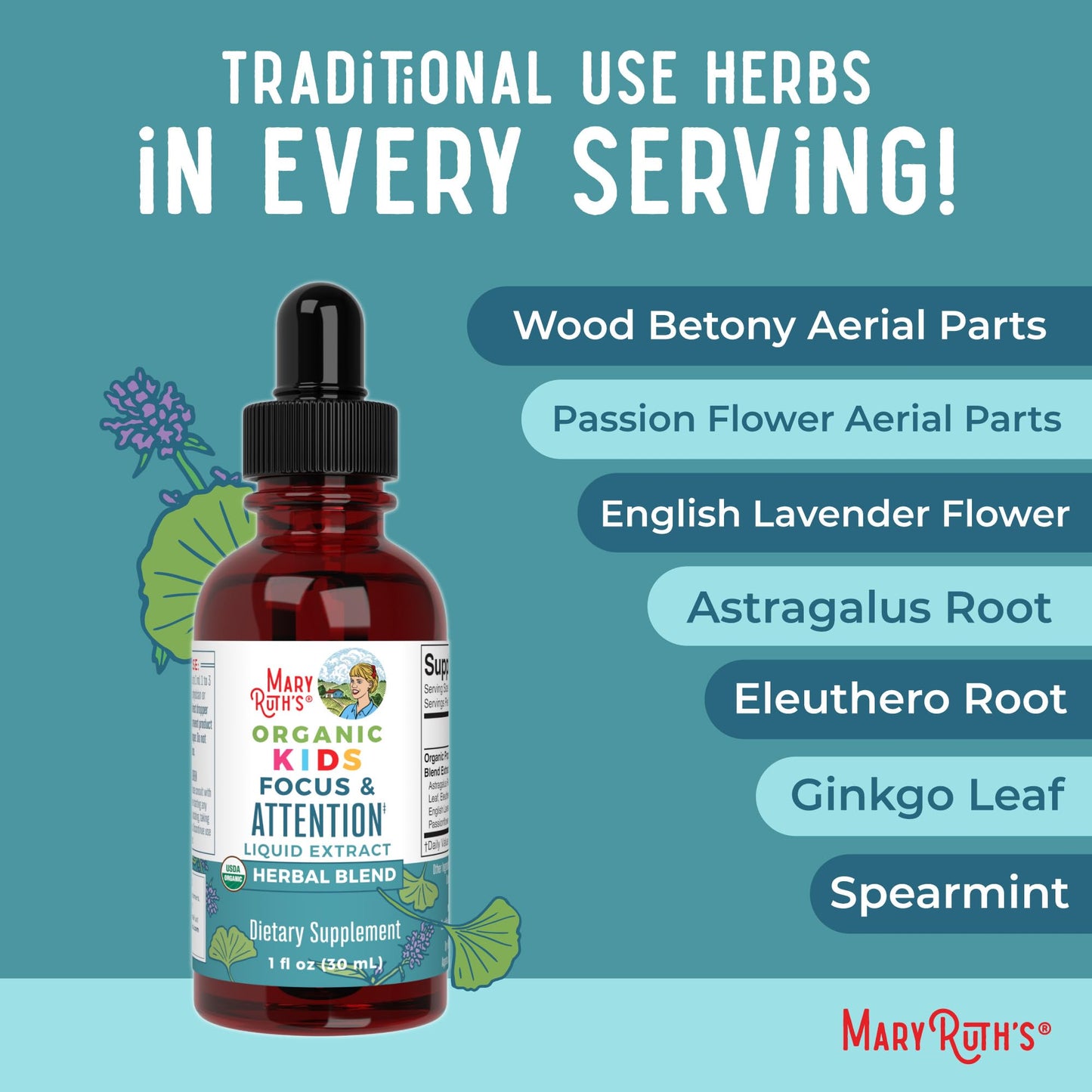 MaryRuth Organics Kids Focus Drops | USDA Organic | Ginkgo & Rhodiola