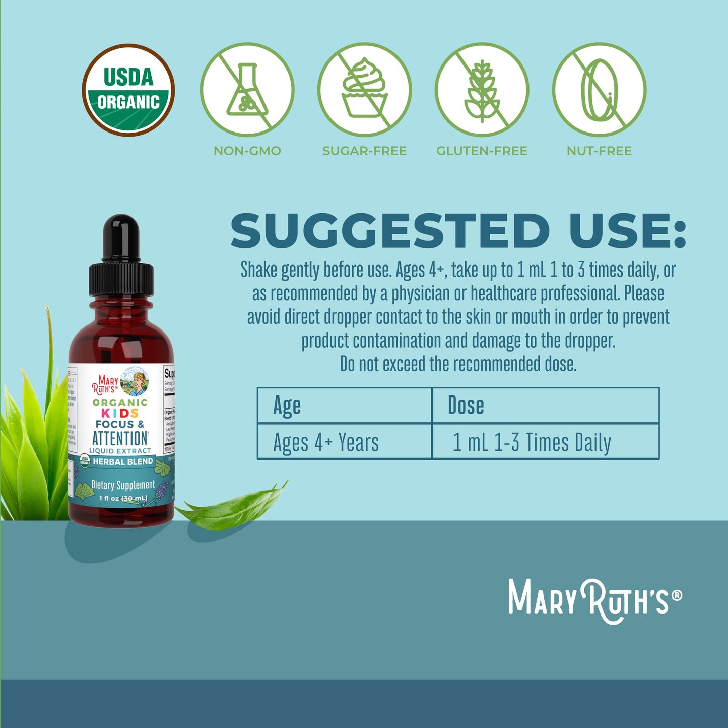 MaryRuth Organics Kids Focus Drops | USDA Organic | Ginkgo & Rhodiola