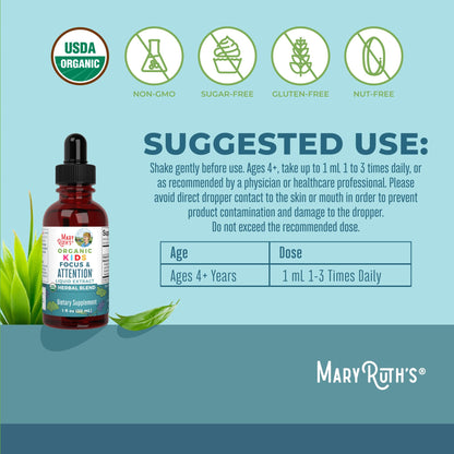 MaryRuth Organics Kids Focus Drops | USDA Organic | Ginkgo & Rhodiola