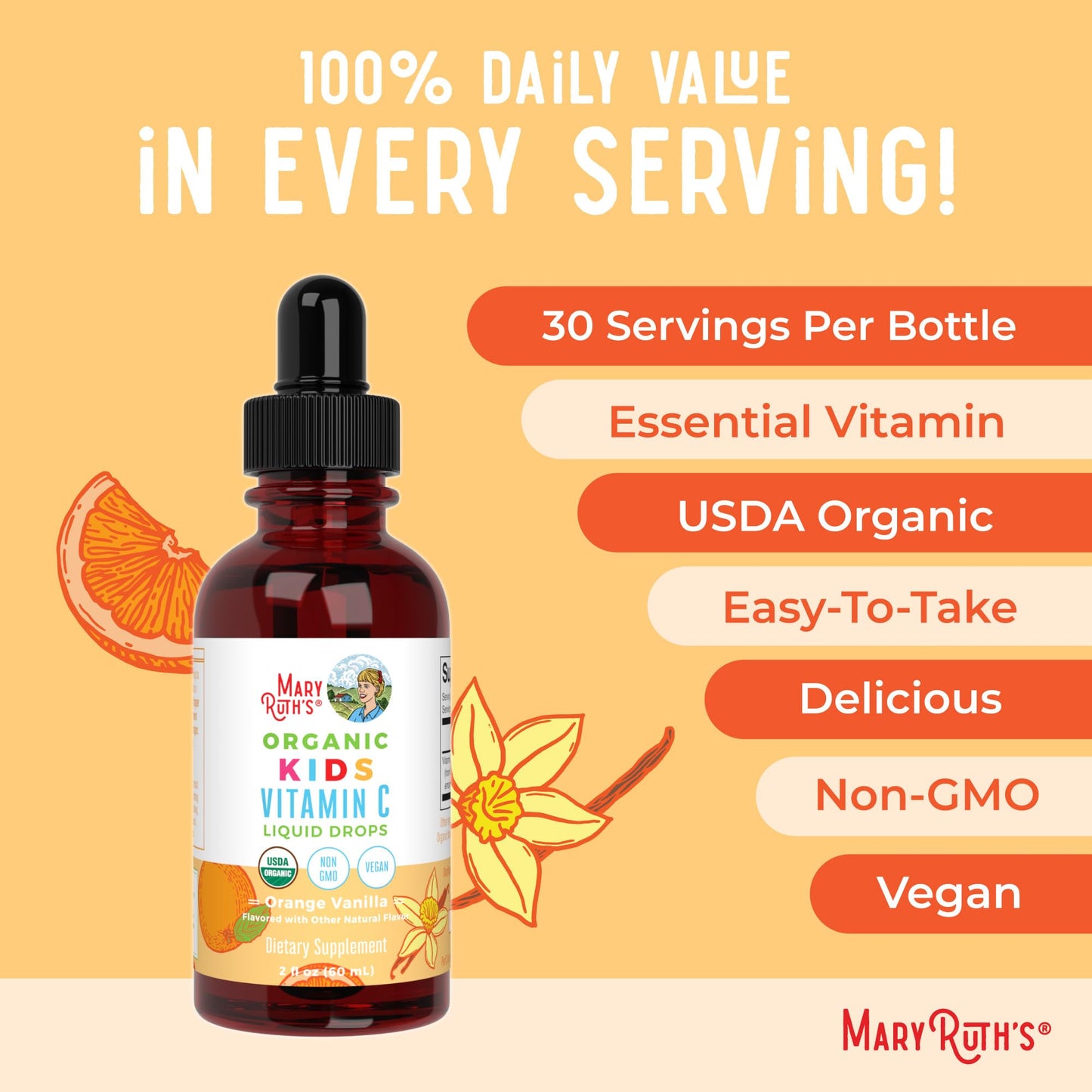 MaryRuth Organics Kids Vitamin C Drops – Vegan Immune Support for Ages 4-13 (2 oz)