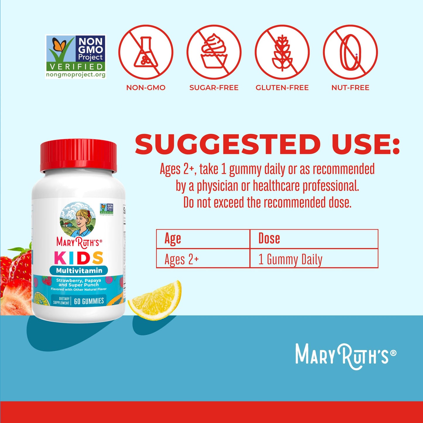 MaryRuth Organics Kids Multivitamin Gummies – 60 Count, Sugar Free, Vegan, Ages 2+, 1 Gummy/Day