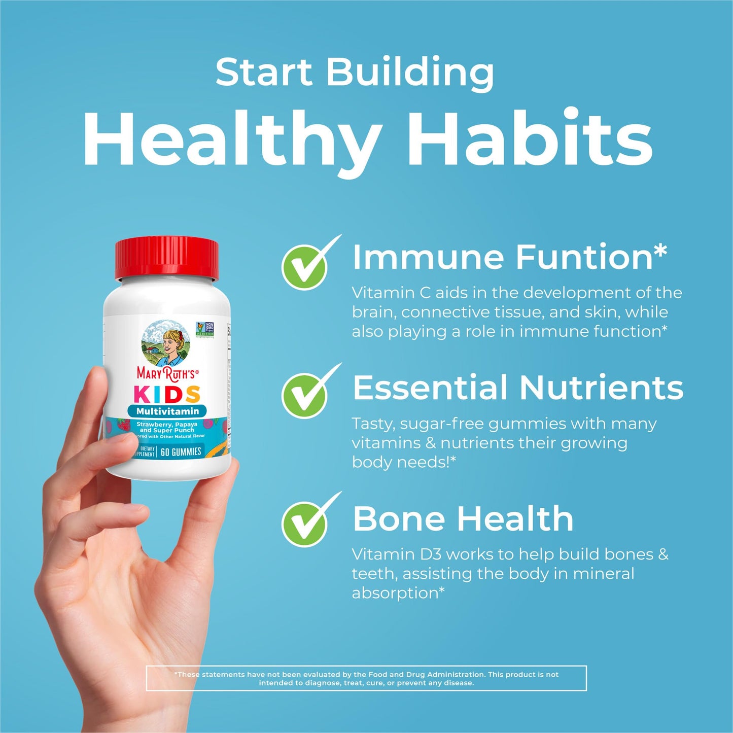 MaryRuth Organics Kids Multivitamin Gummies – 60 Count, Sugar Free, Vegan, Ages 2+, 1 Gummy/Day