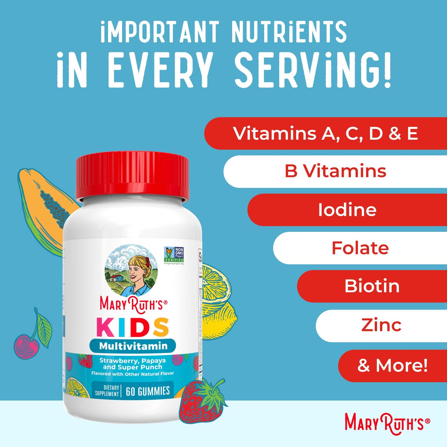 MaryRuth Organics Kids Multivitamin Gummies – 60 Count, Sugar Free, Vegan, Ages 2+, 1 Gummy/Day