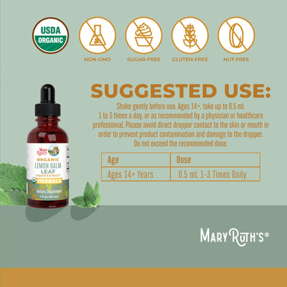 MaryRuth Organics Lemon Balm Leaf Liquid Extract | Mood Support, Relaxation | USDA Organic | 1 Fl Oz