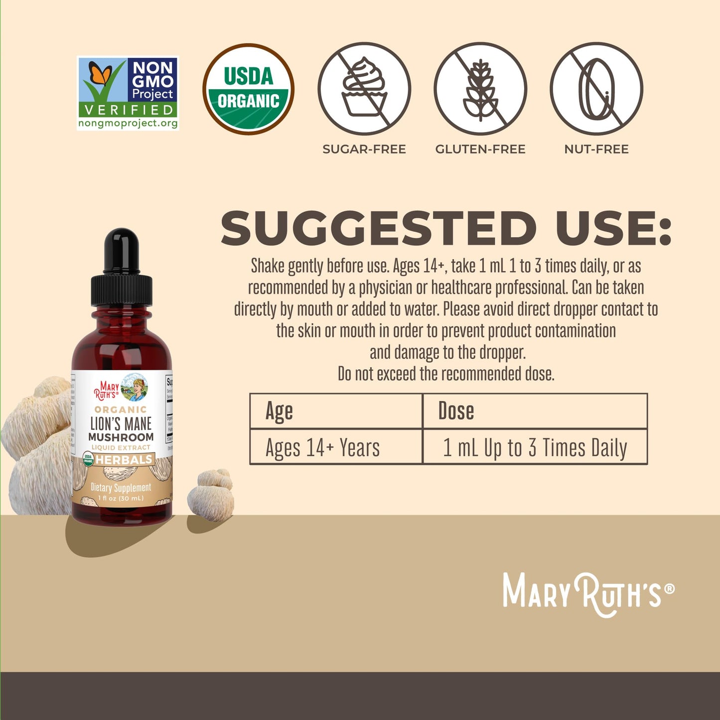 MaryRuth Organics Lions Mane Mushroom Supplement – USDA Organic, Nootropic, 1 Fl Oz