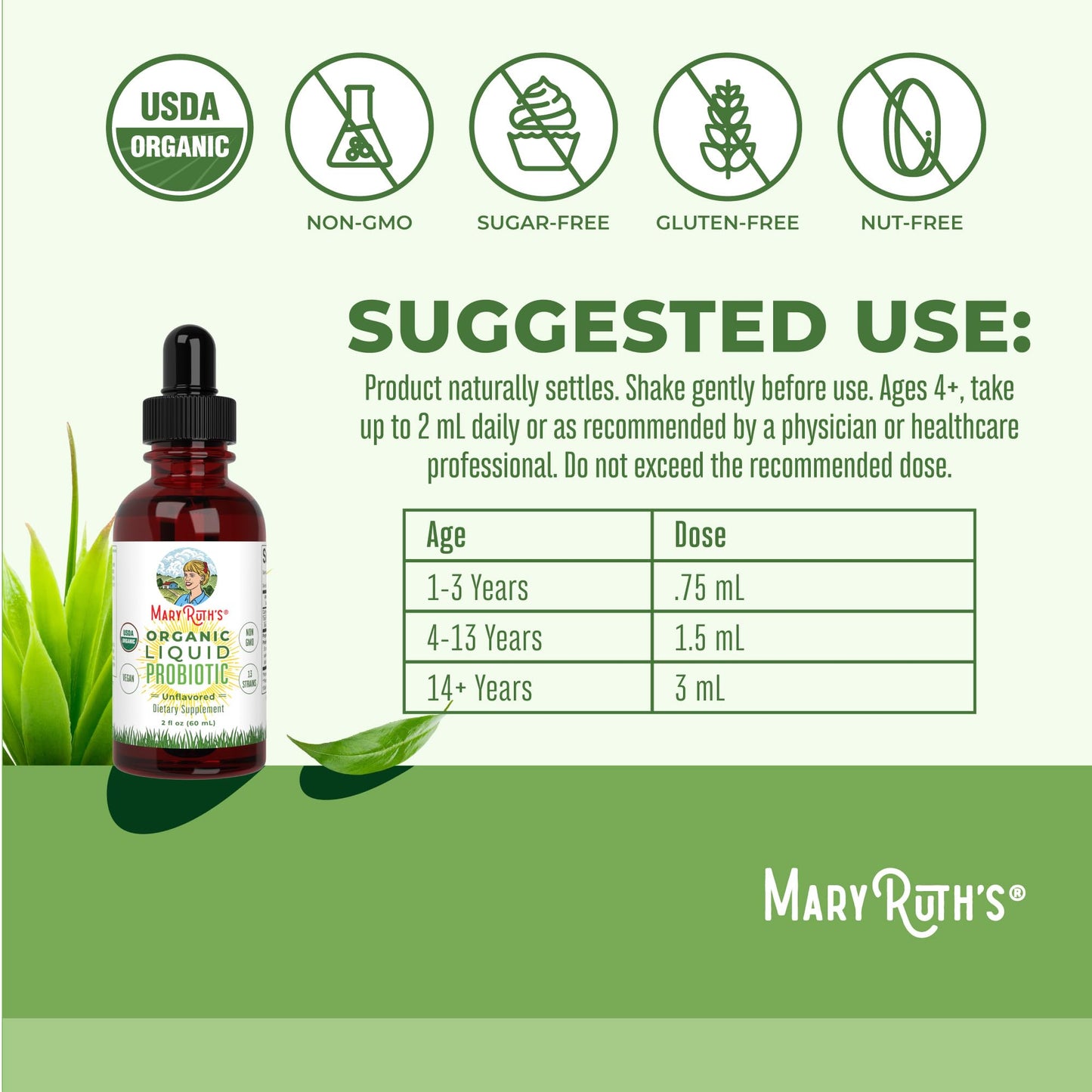 MaryRuth Organics USDA Organic Liquid Probiotic | Digestive Health | 2 oz Travel Size