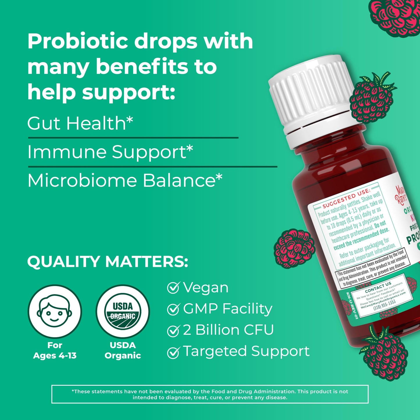 MaryRuth Organics USDA Organic Liquid Kids Probiotic Drops – Digestive Health, Immune Support, Vegan & Non-GMO | 30 Servings