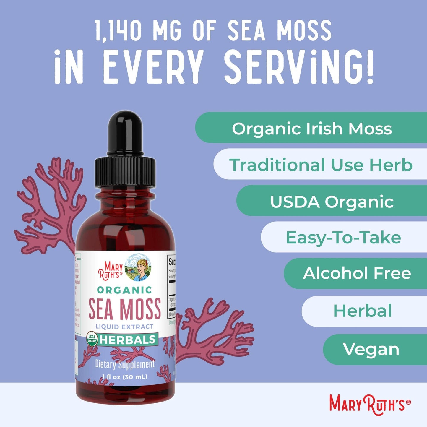 MaryRuth Organics USDA Irish Sea Moss Drops - Organic, Vegan & Non-GMO | 1 Fl Oz