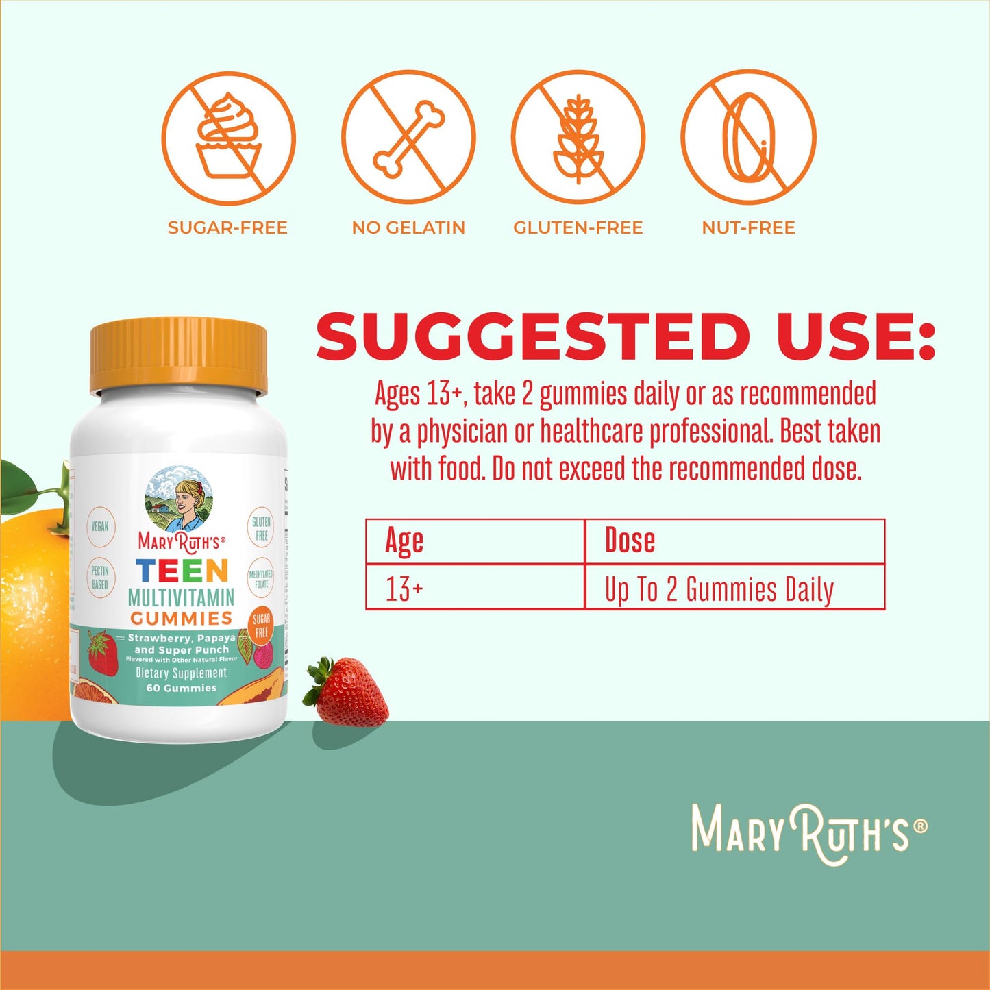 MaryRuth Organics Teen Multivitamin Gummies | Vegan • Sugar Free • Gluten Free | 60 Count