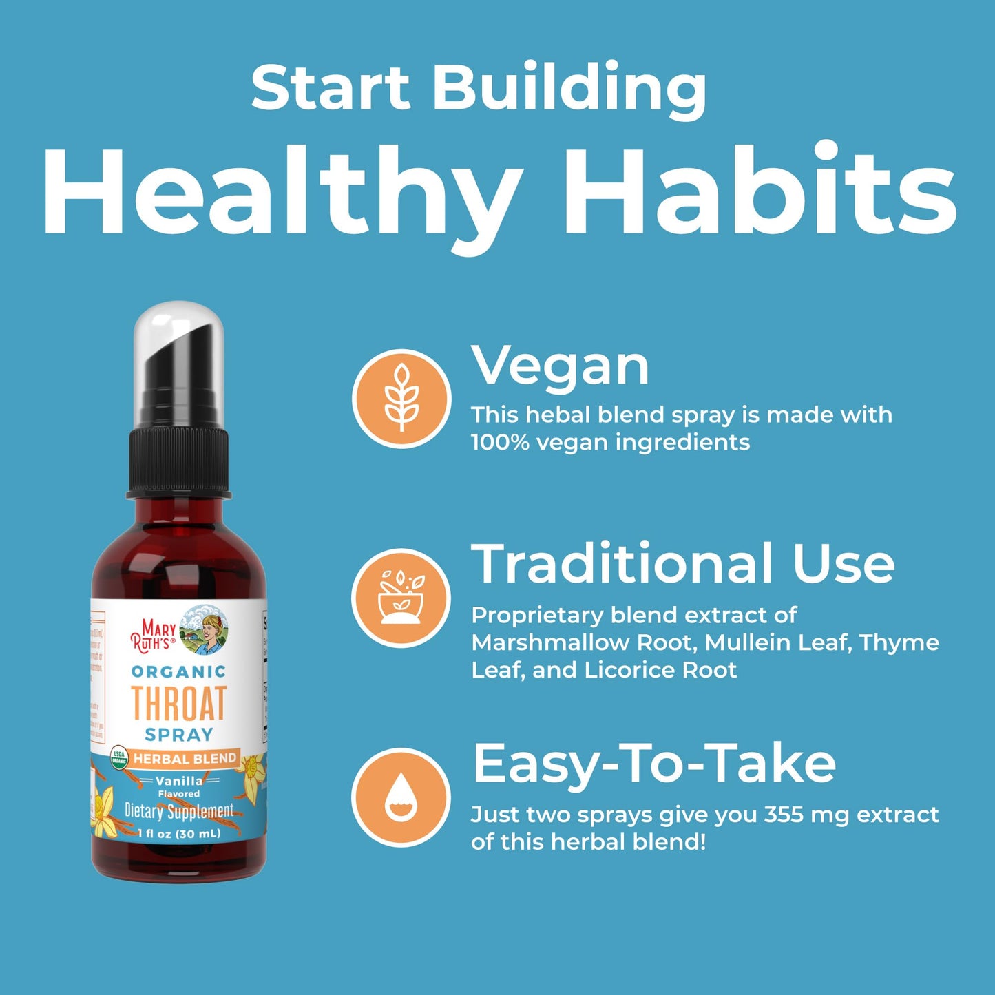 MaryRuth Organics Throat Spray – USDA Organic, 4-Herb Blend, Vanilla, 1 Fl Oz